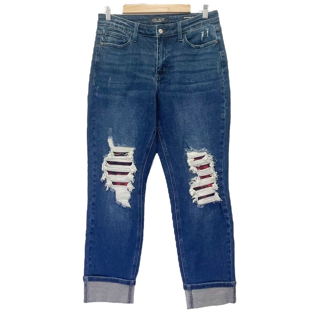 Judy Blue Buffalo Plaid Patch Midrise Cuffed Boyfriend Jeans Dark Wash Size 29 - Picture 2 of 15